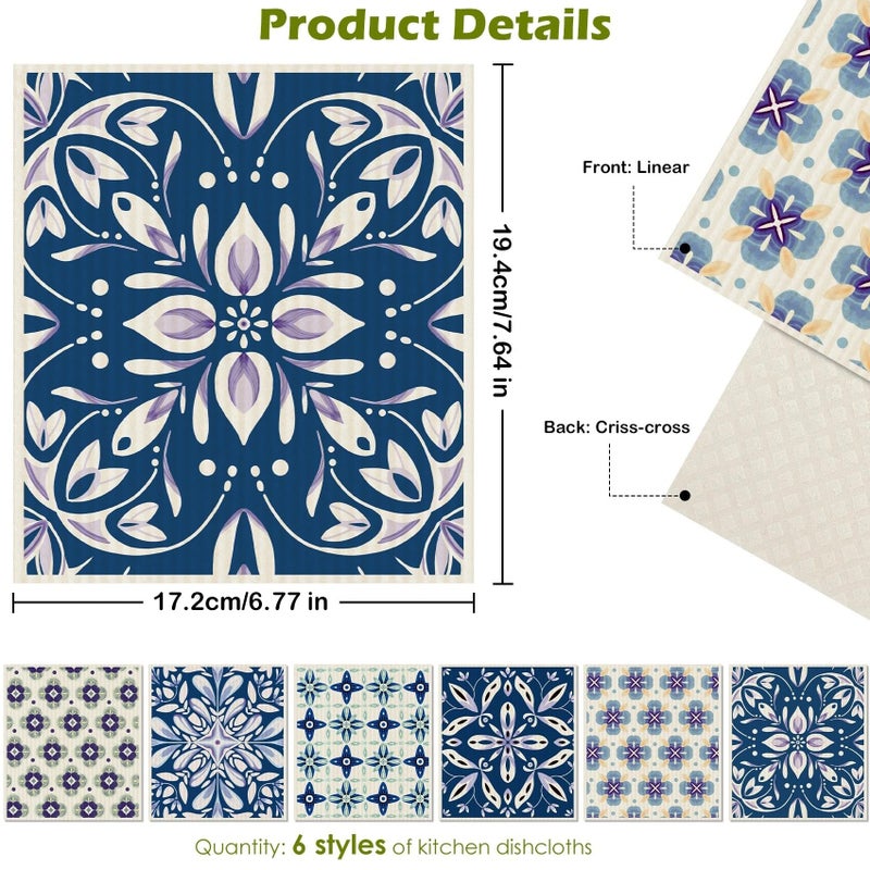 6 عبوات من القماش الورقي السويدي للمطبخ، مناشف ورقية قابلة لإعادة الاستخدام، خرق أطباق قابلة للغسل، مناشف مطبخ عالية الامتصاص، أقمشة تنظيف أطباق إسفنجية سويدية سريعة الجفاف (زخرفة زرقاء) - Image 2